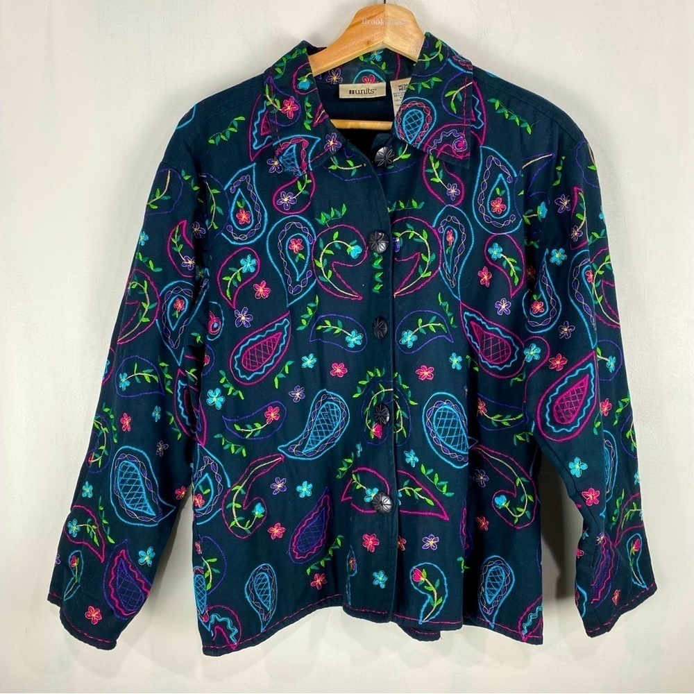 Units Linen Blend Paisley Embroidered Full Button Up Down Blazer Jacket Medium